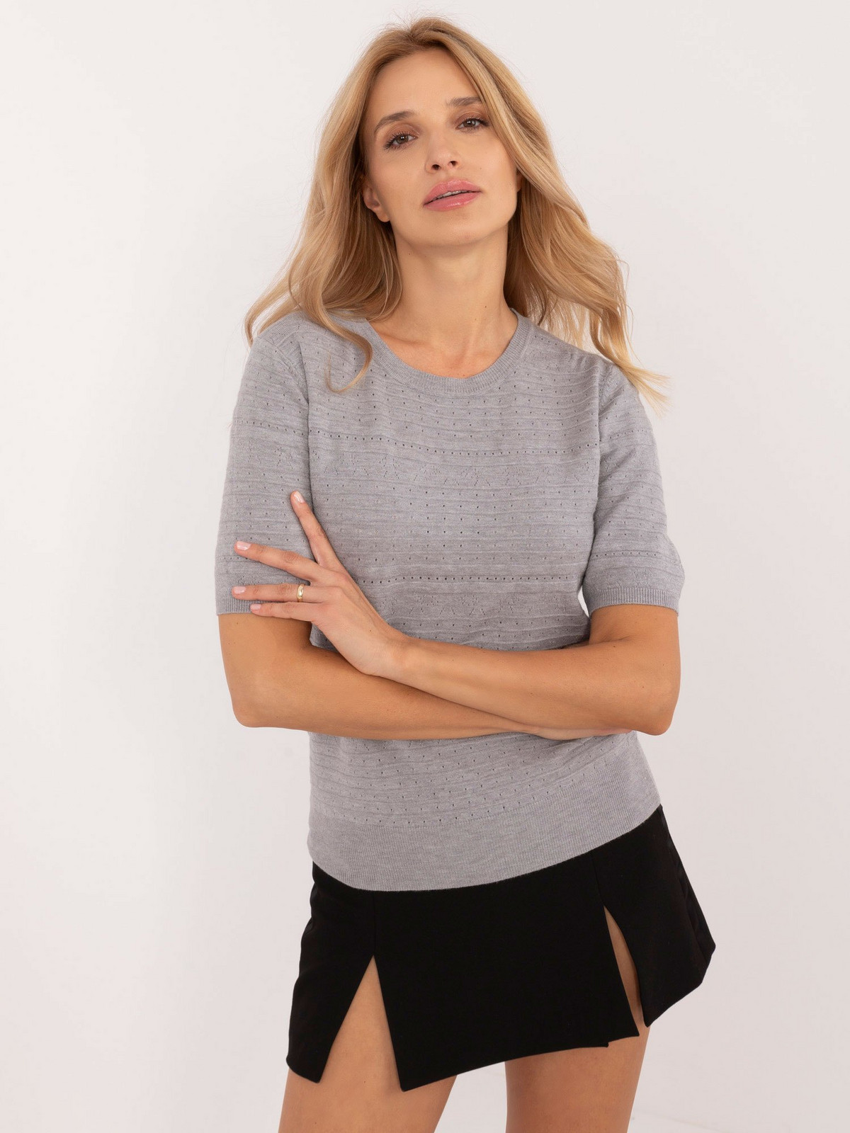 Grey classic sweater with a round neckline