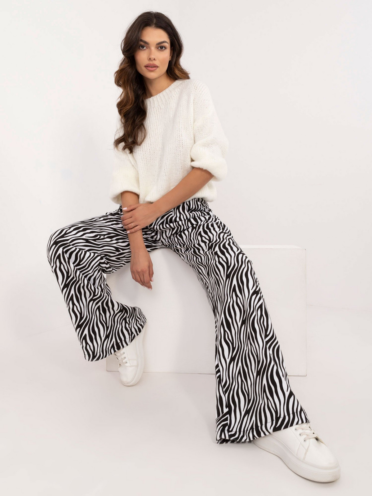 White and black wide trousers with a zebra print