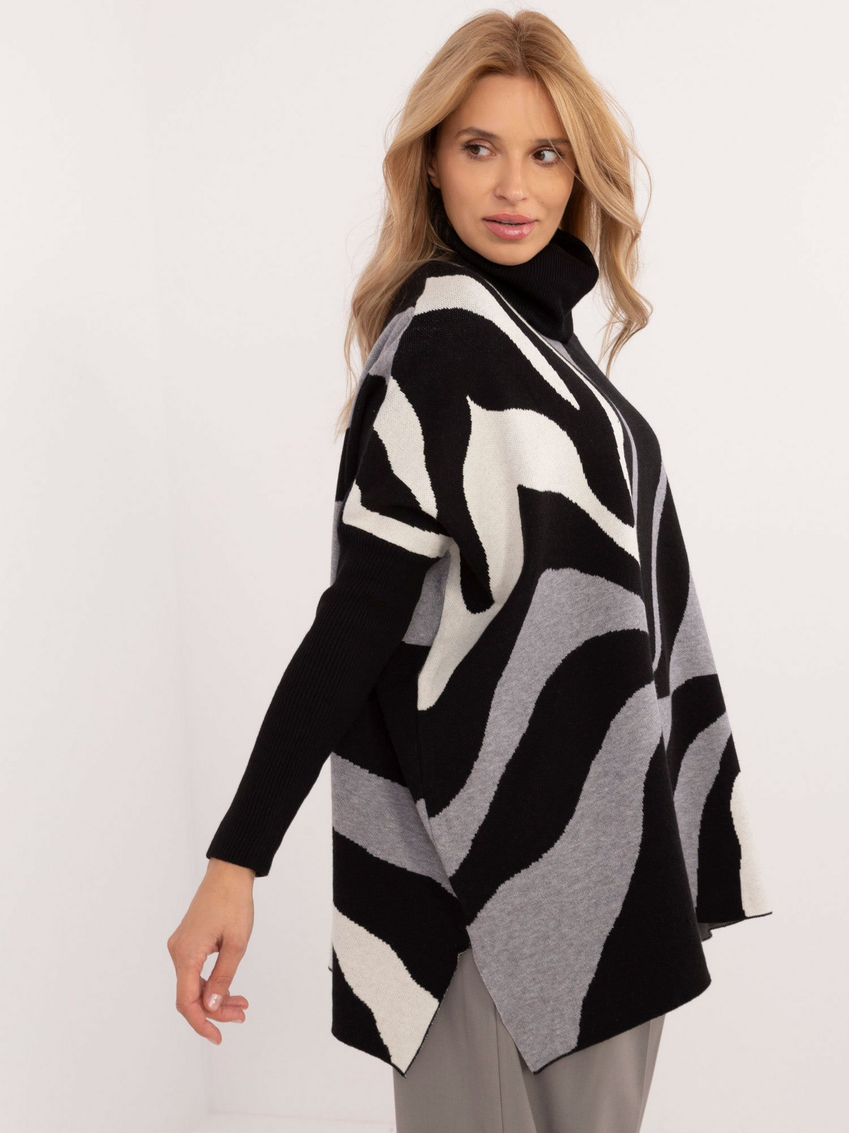 Black-gray loose turtleneck sweater with patterns