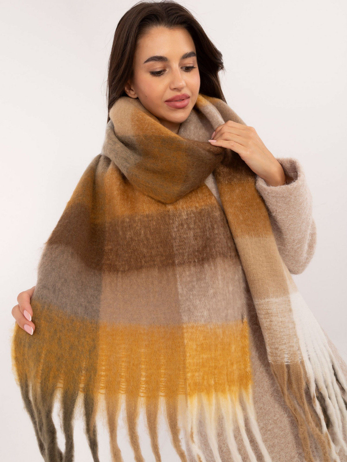 Brown and dark yellow checkered winter scarf