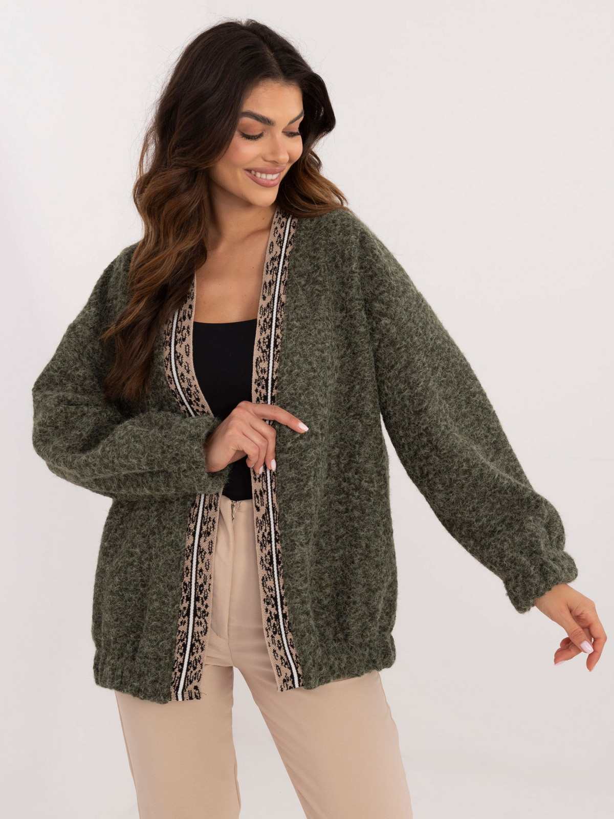 Khaki women's cardigan with hem