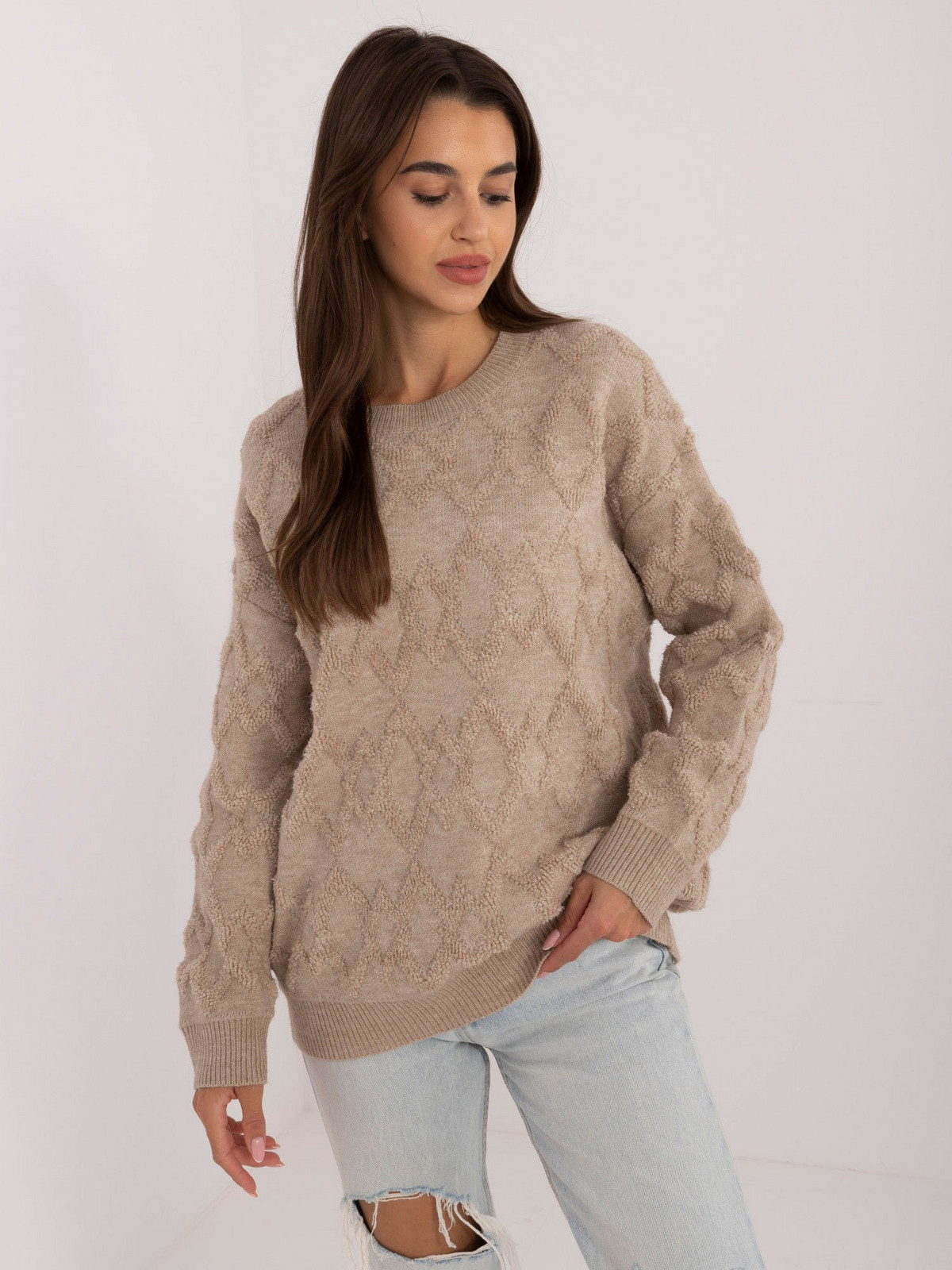 Wholesale Beige Women's Oversize Long Sleeve Sweater