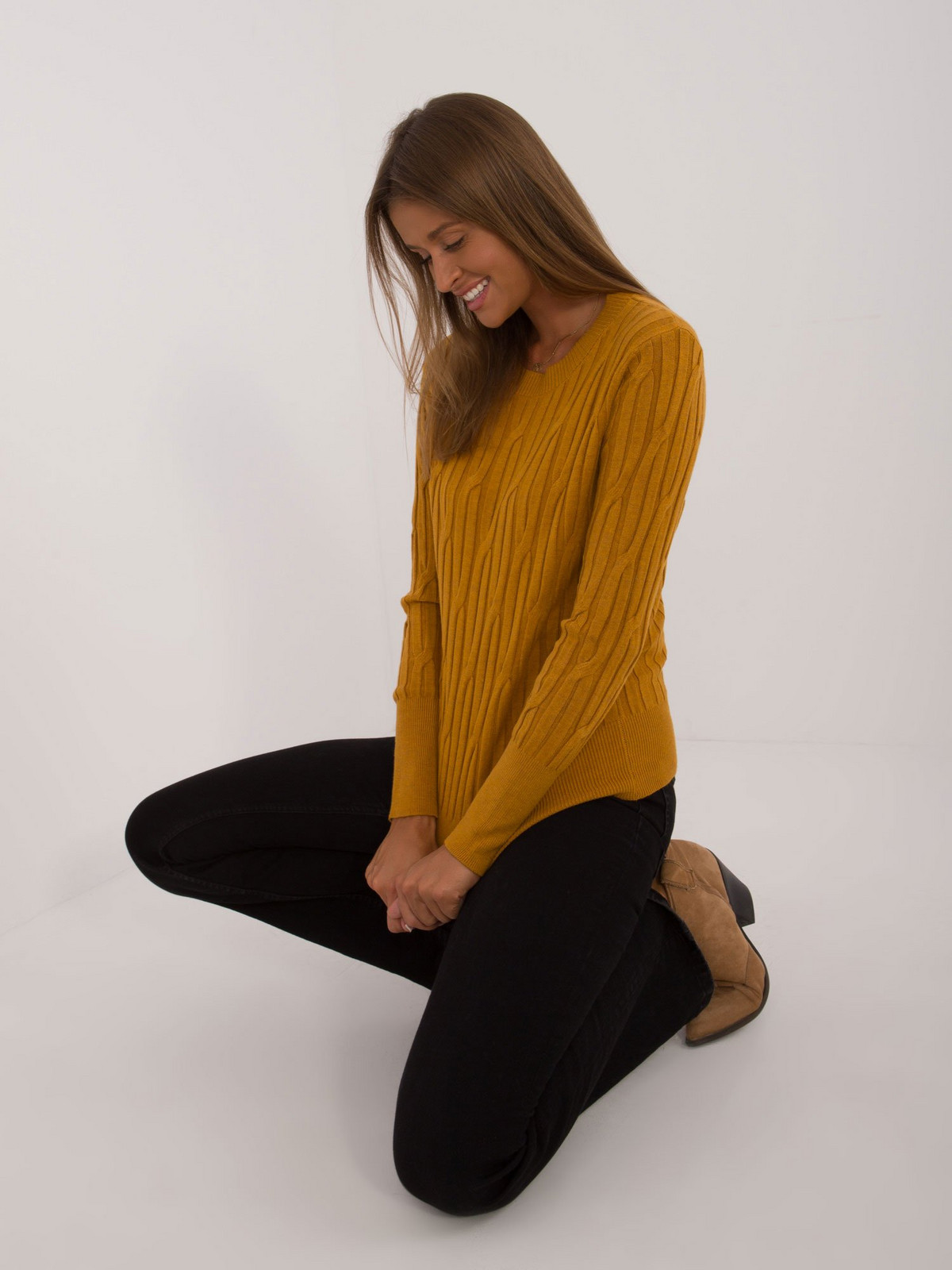 Classic dark yellow sweater with a round neckline