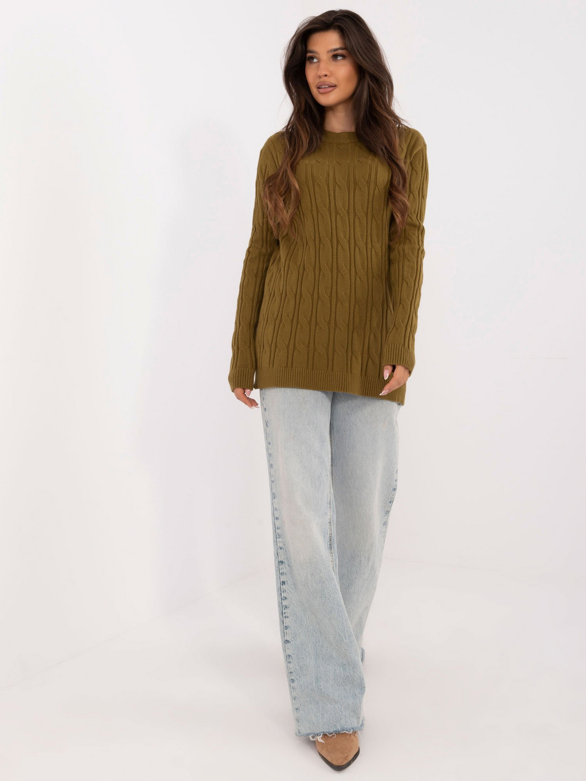 Olive sweater with cables, loose fit