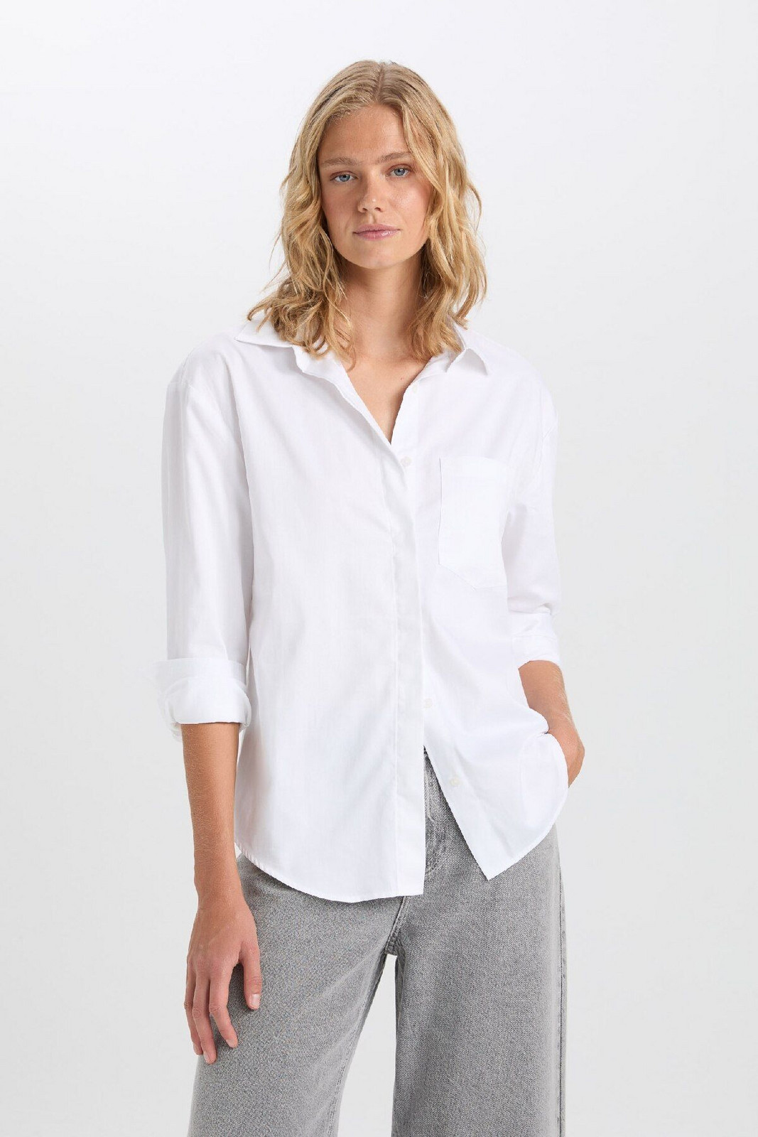 DEFACTO Oversize Shirt Collar Pocket Button Down Basic Plain Poplin Long Sleeve White Shirt