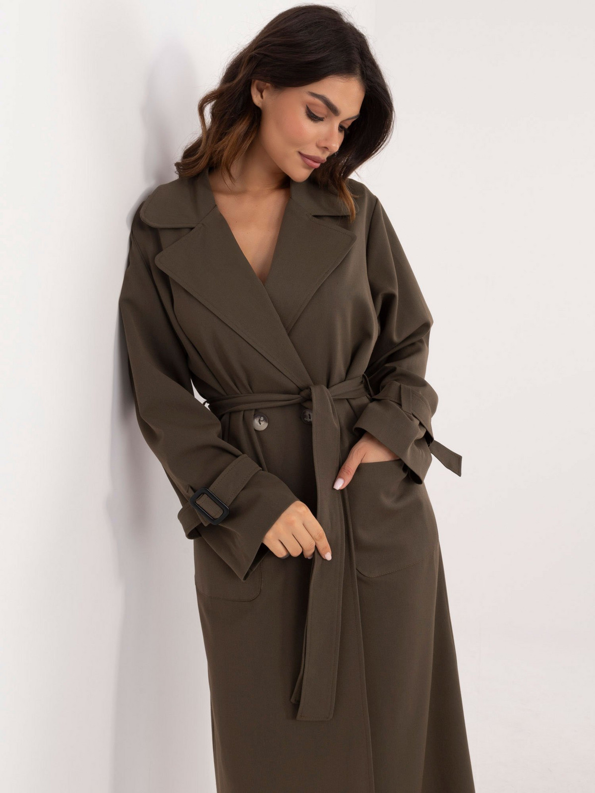 Khaki trench coat with decorative stripes