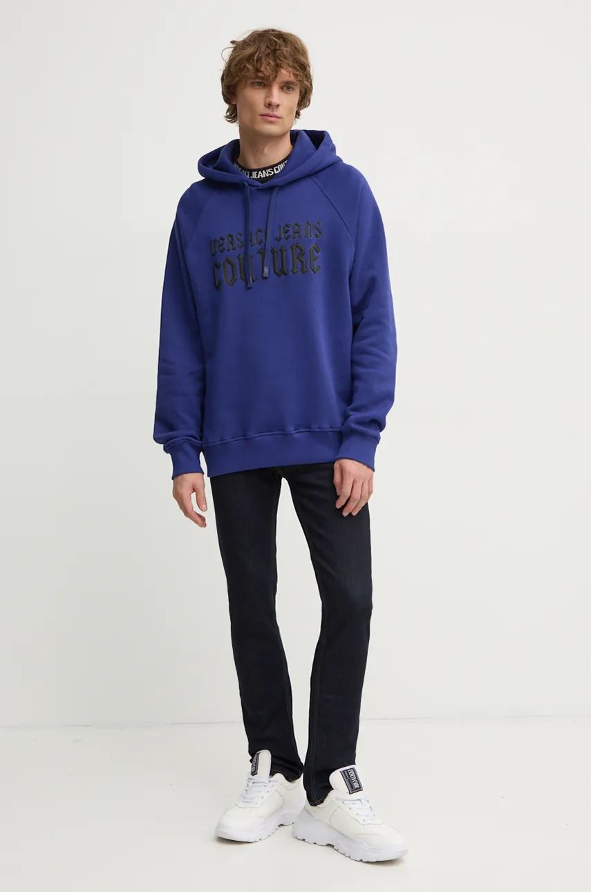 Bavlnená mikina Versace Jeans Couture pánska, tmavomodrá farba, s kapucňou, s potlačou, 77GAIL02 CF02L