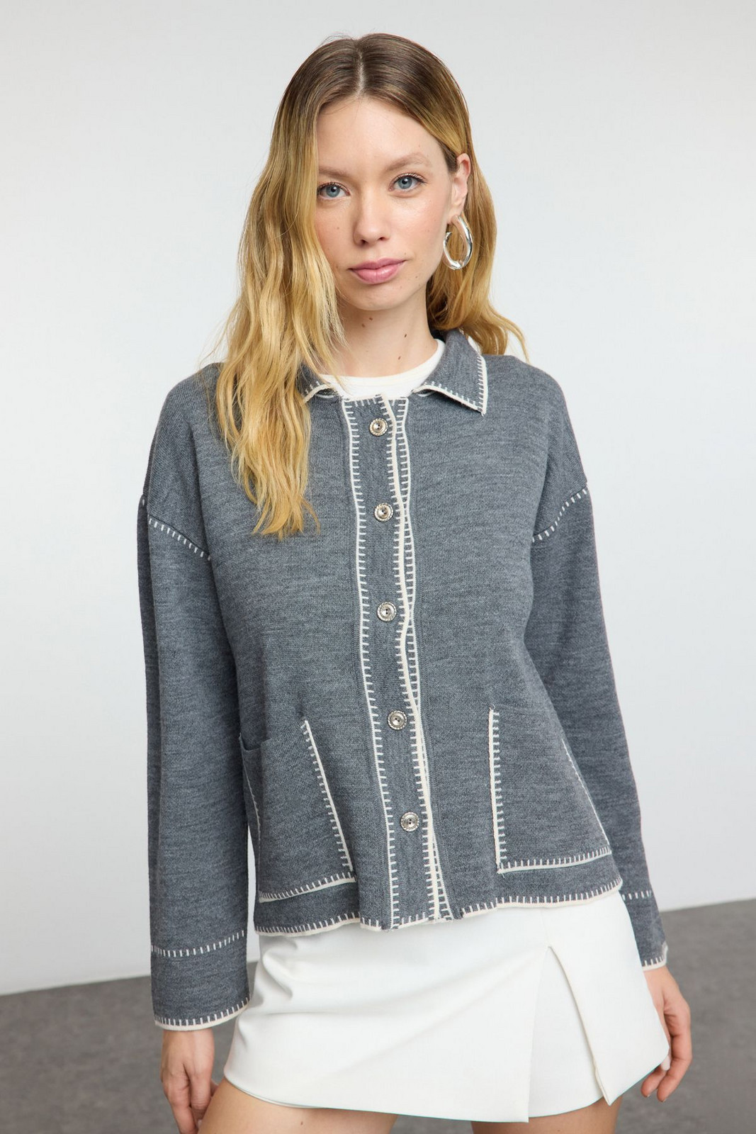 Trendyol Anthracite Color Block Polo Neck Knitted Cardigan