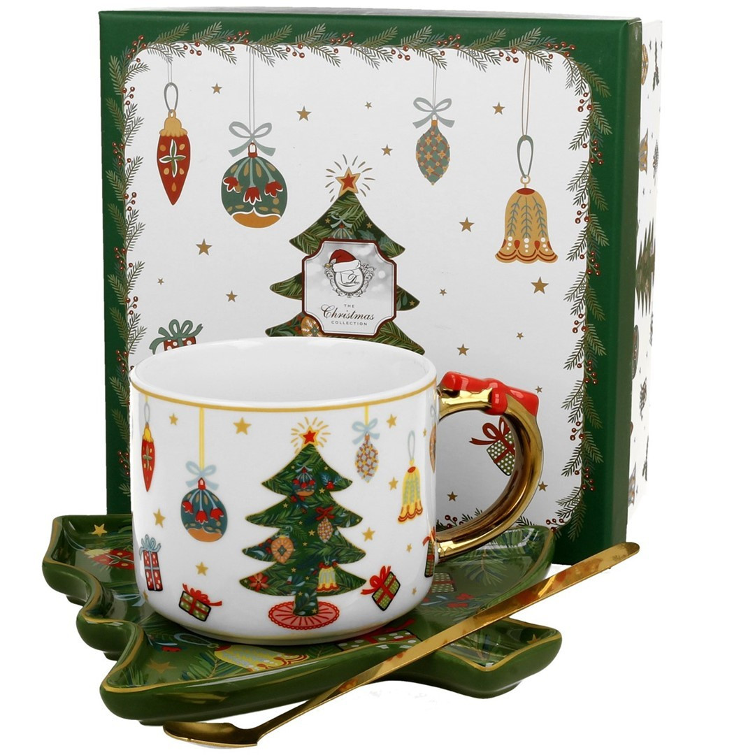 Sada šálku s podšálkem a zlatou lžičkou „All around the Christmas tree“ vícebarevná