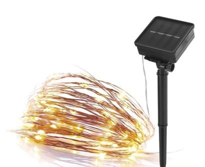 Vánoční měděný LED řetěz NANO 12 m s časovačem a solárním panelem teplý bílý