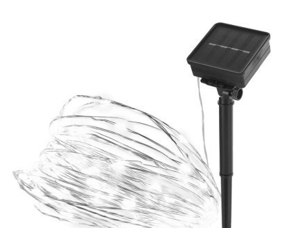 Vánoční stříbrný LED řetěz NANO 12 m s časovačem a solárním panelem studený bílý