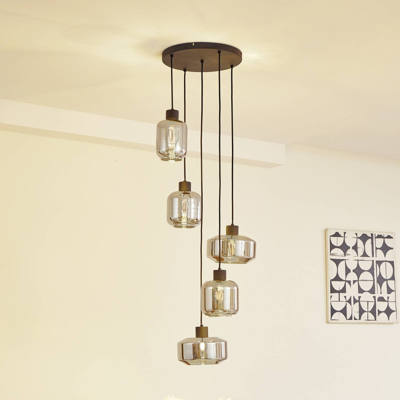 Závesné svietidlo Lindby Hildur, Ø 22/16/13,5 cm, dymovo sivá, sklo