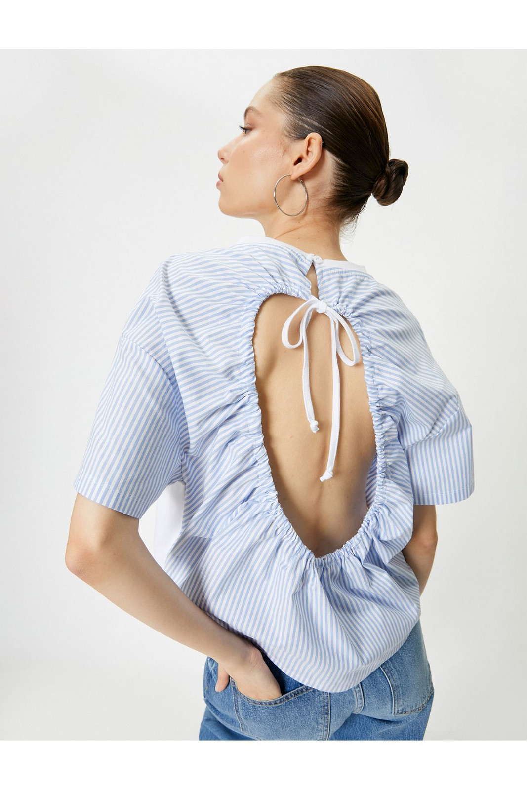 Koton Striped Short Sleeve T-Shirt with Window Detail on the Back, Crew Neck with Two Different Fabric Usage