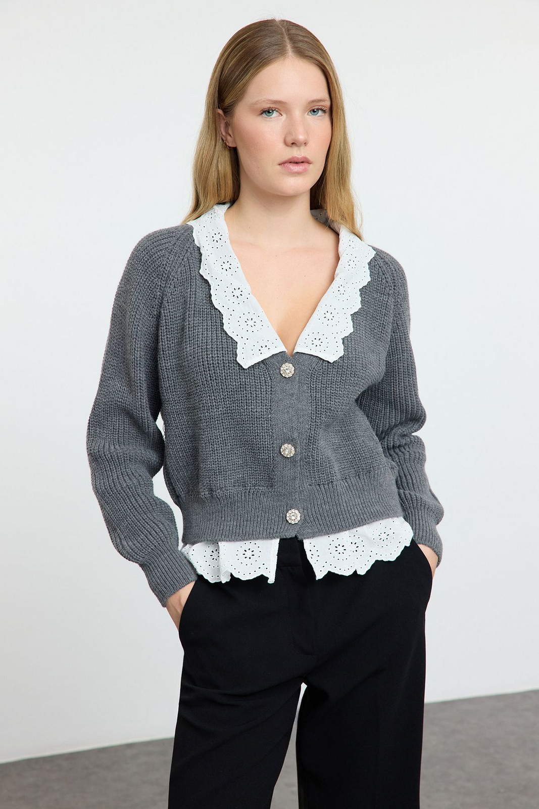 Trendyol Anthracite Crop Woven Garni Detailed V Neck Knitwear Cardigan