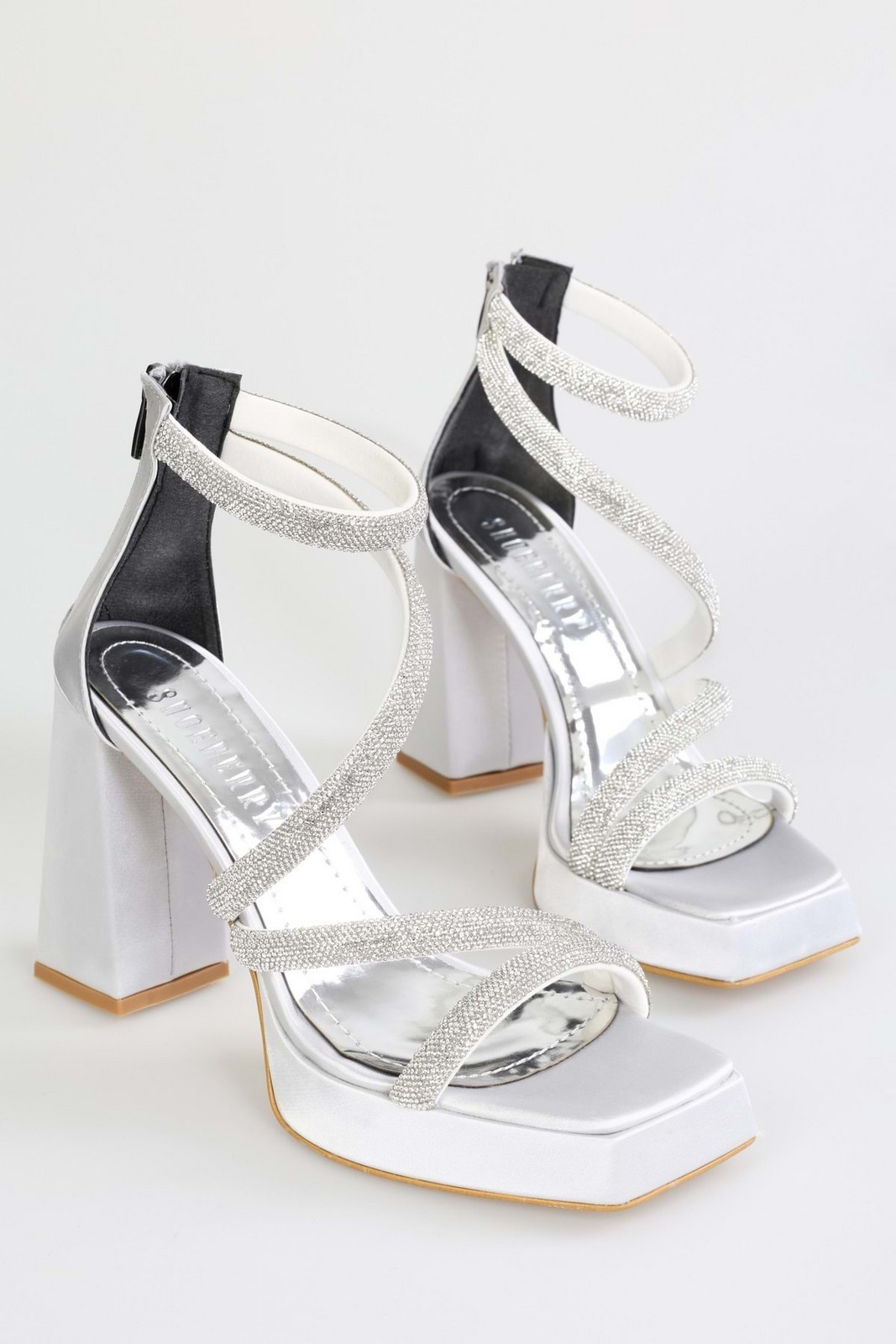 Shoeberry Women's Skya Silver Satin Stone Platform Heeled Shoes