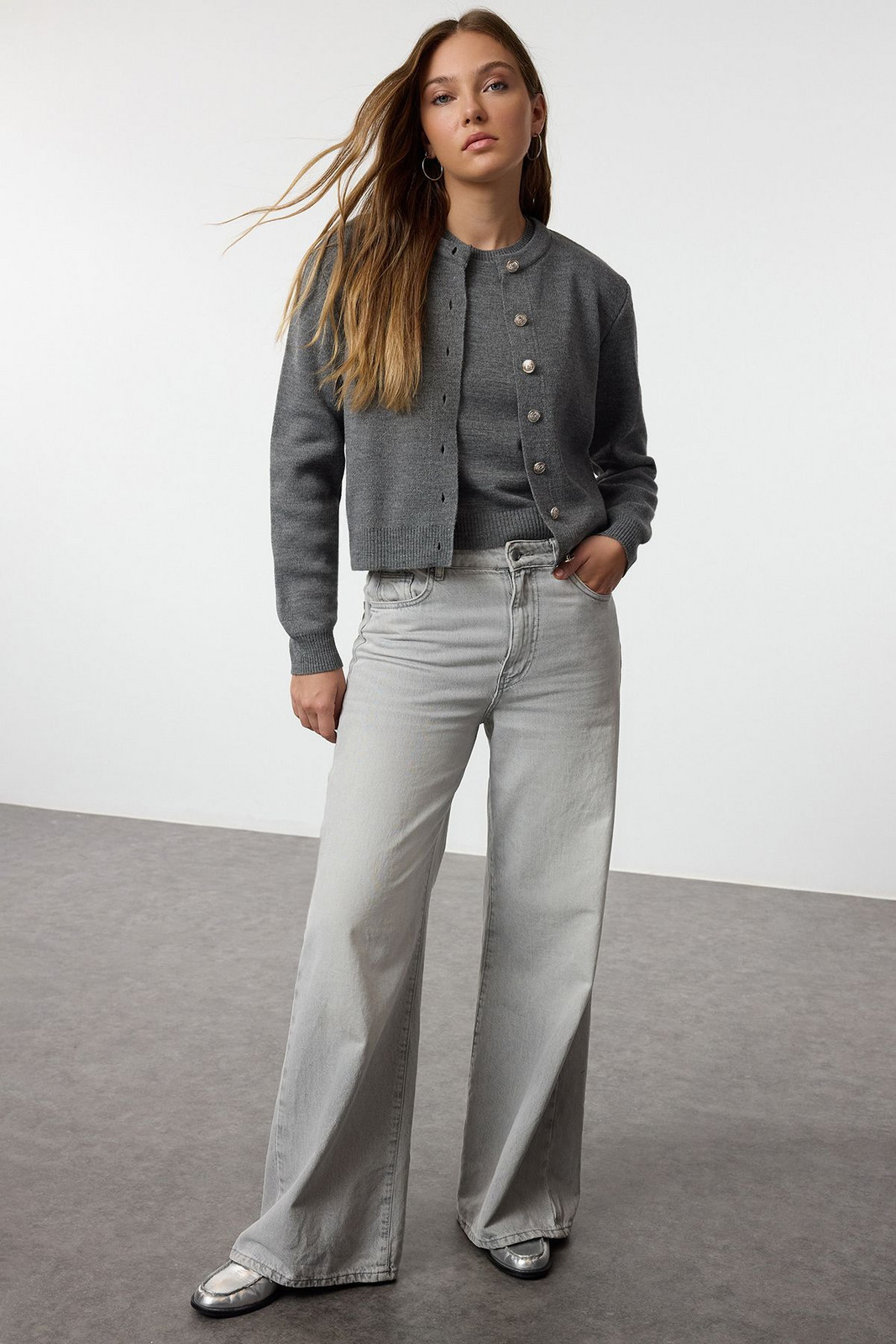 Trendyol Anthracite Basic Cardigan-Blouse Knitwear Cardigan