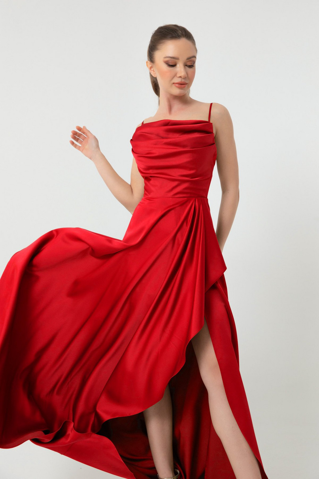 Lafaba Women's Red Flounce Slit Satin Evening Dress & Graduation Dress