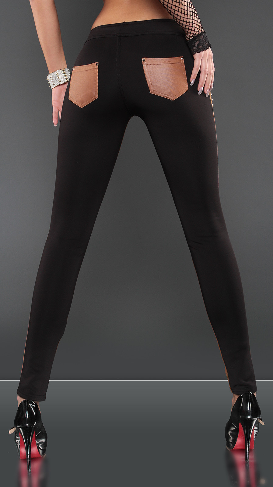 Sexy KouCla Treggings with studs and leatherlook brownblack XS