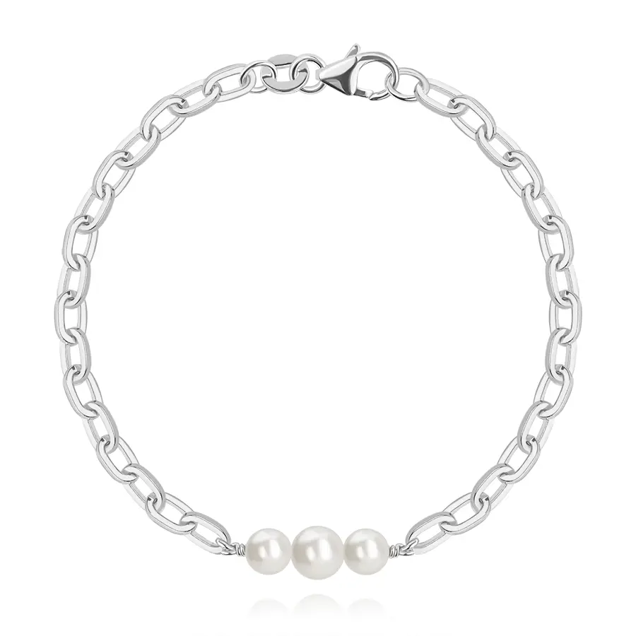 Náramok v 925 striebre - biele syntetické perly Swarovski, podlhovasté články