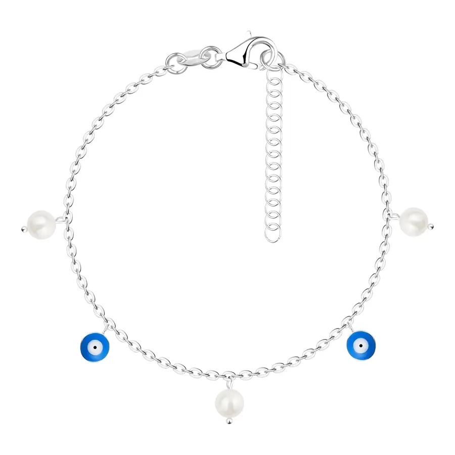 Strieborný 925 náramok - okrúhle prírodné perly, korálky s okom Fatimy