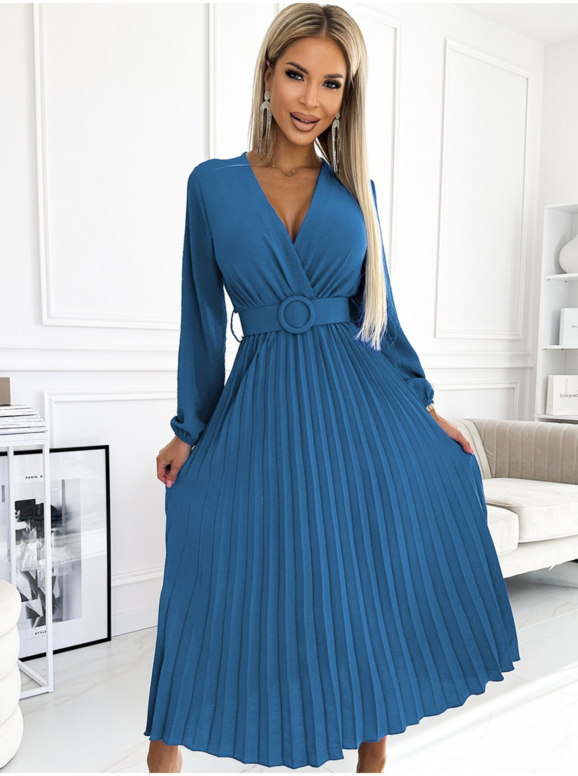 VIVIANA Plisované midi šaty s výstrihom, dlhým rukávom a širokým pásikom - JEANS Numoco