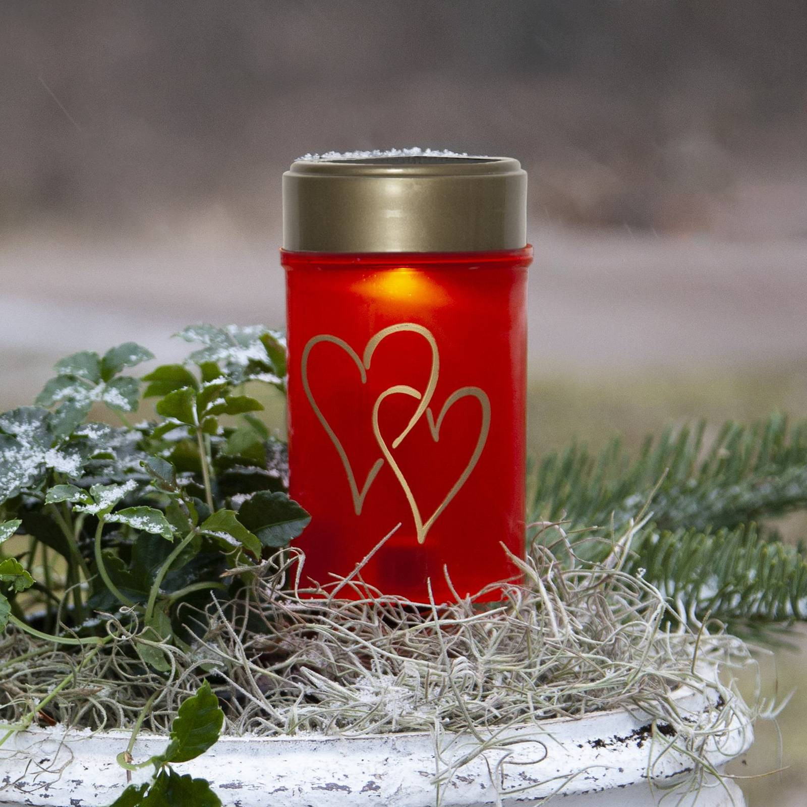 LED solárne zemné svetlo Hearty, červené/zlaté, 12 cm plast