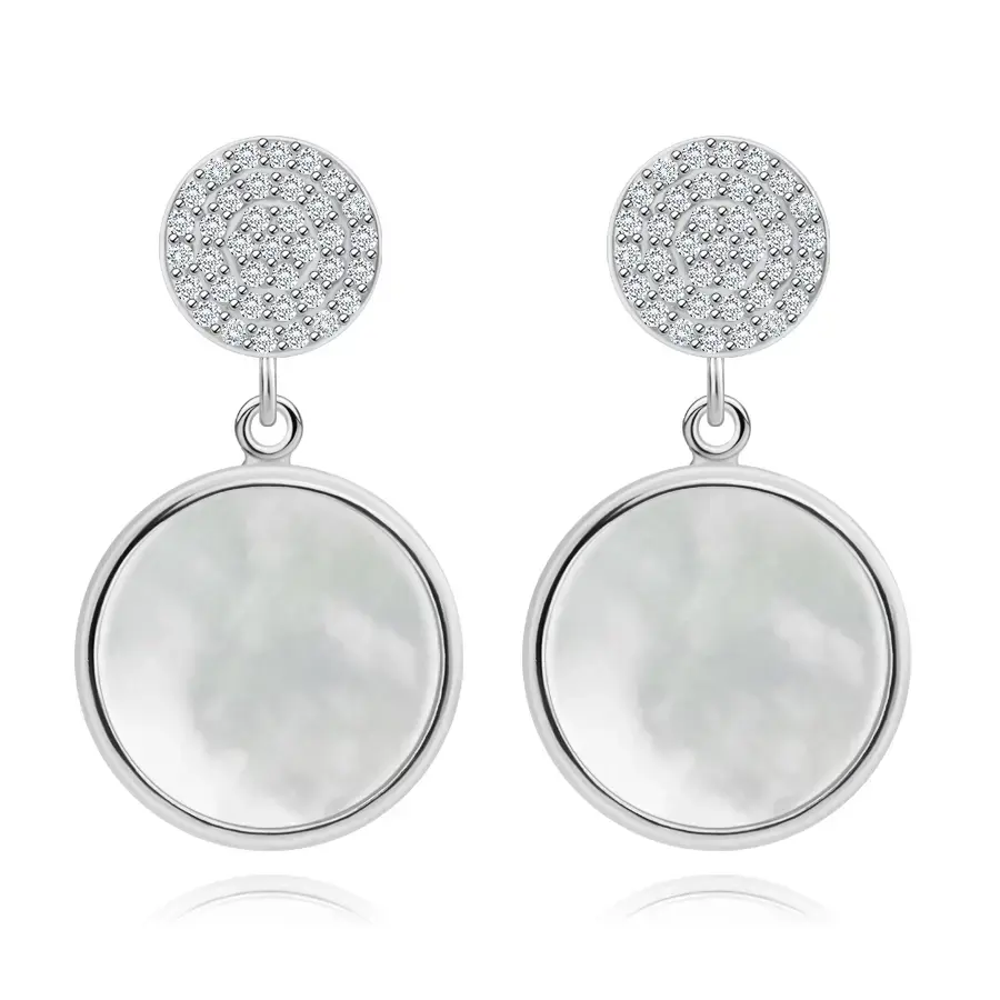 Strieborné 925 náušnice - motív kruhov, prírodná perleť a číre zirkóny