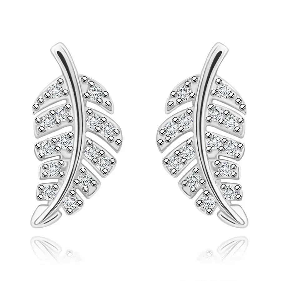 Puzetové náušnice v striebre 925 - list s čírymi zirkónmi, hladká stonka