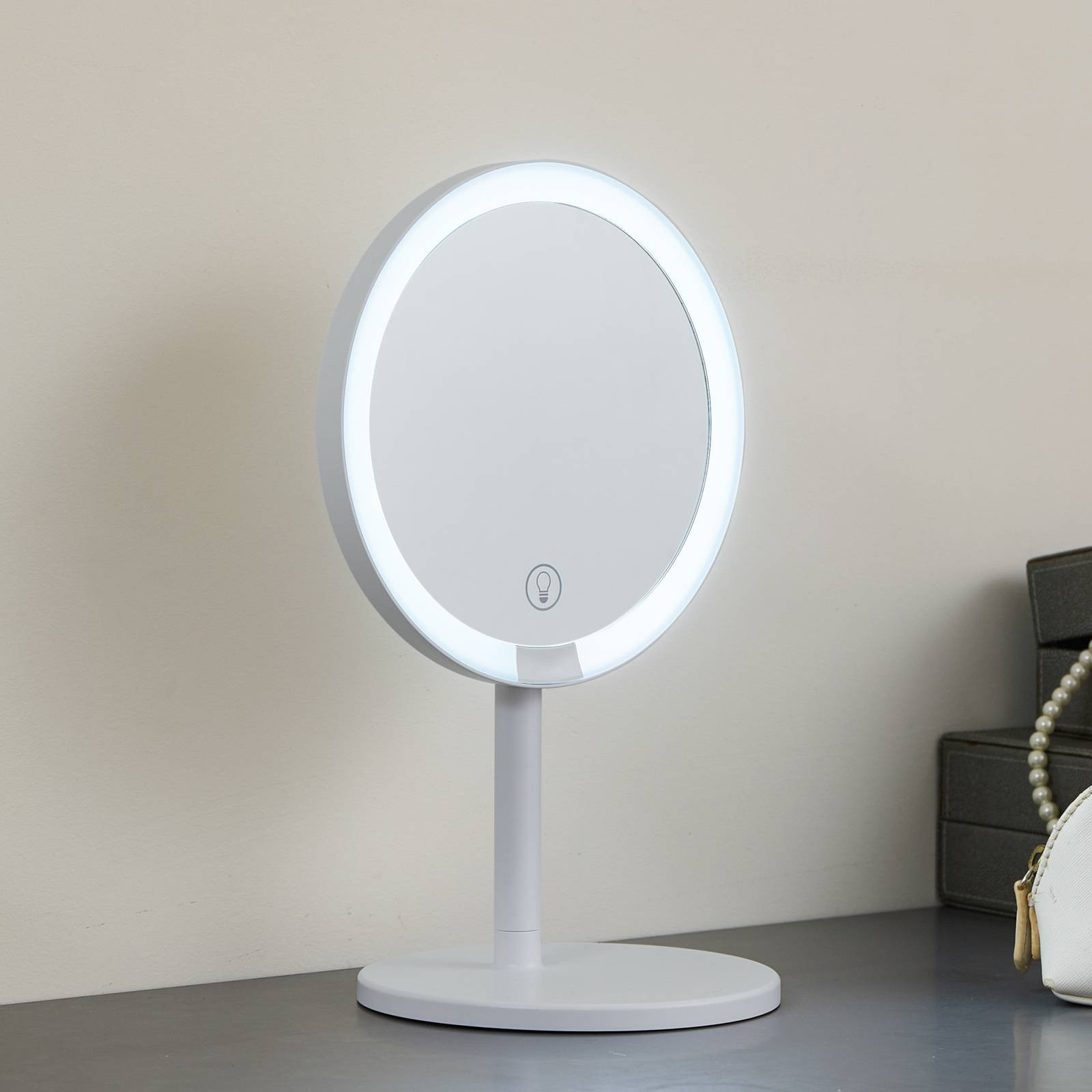 Lindby LED dobíjacie zrkadlo Renki, biele, plastové, stmievateľné