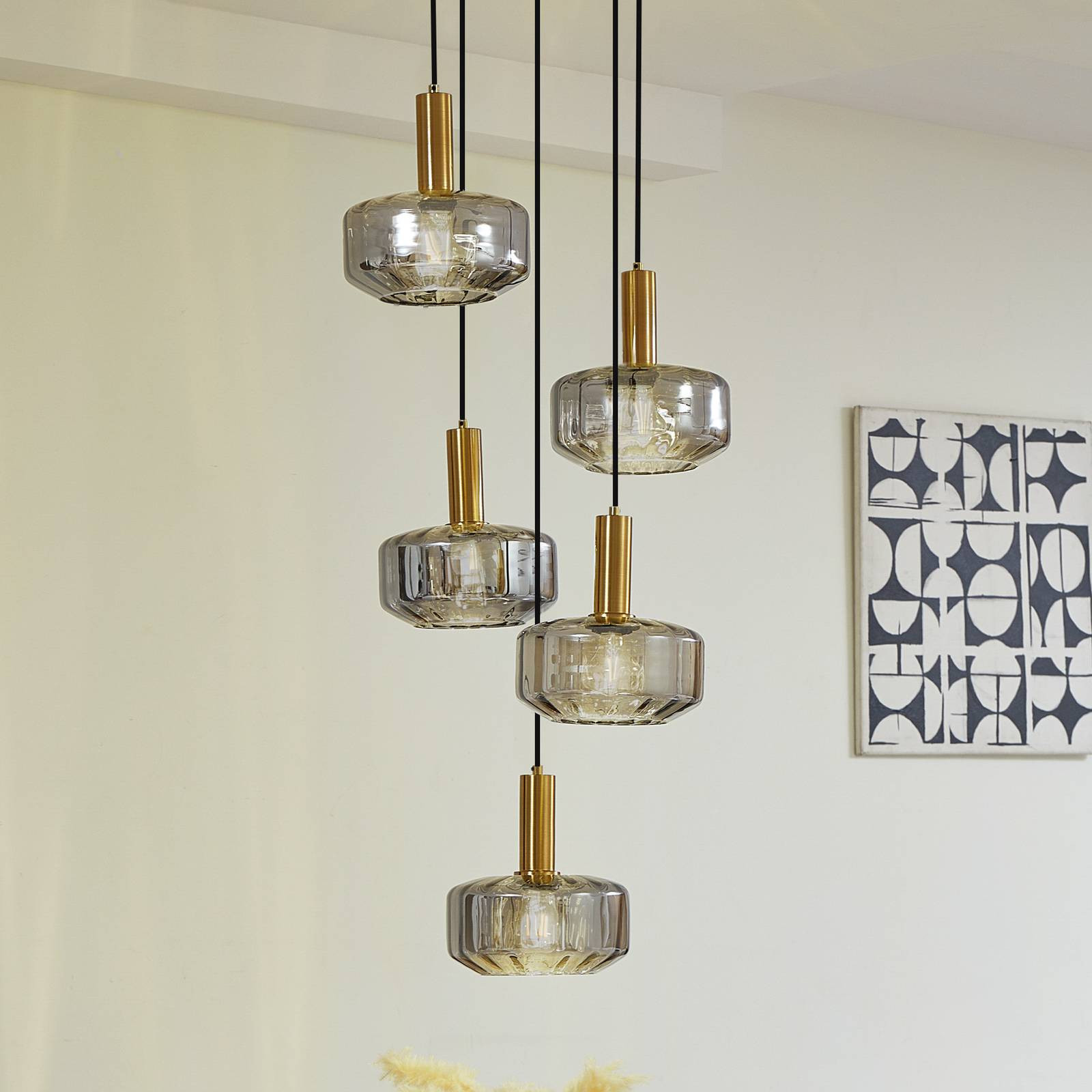 Závesné svietidlo Lindby Hildur, 5 svetiel, dymová sivá, sklo