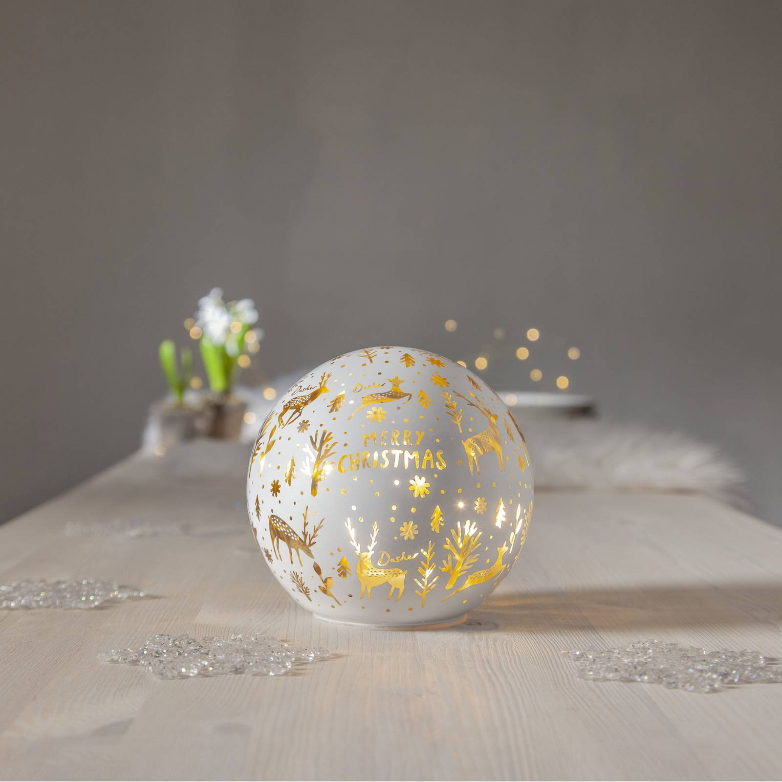 LED guľôčkové svetlo Merry X-Mas Ø 15cm biele sklo na batérie