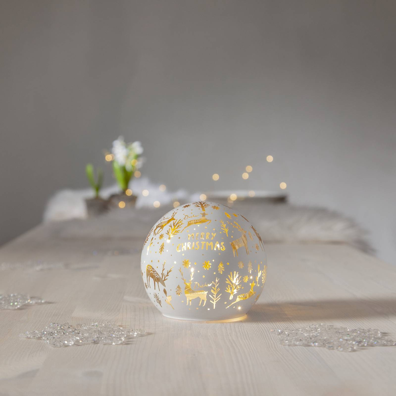 LED guľôčkové svetlo Merry X-Mas Ø 12cm biele sklo na batérie