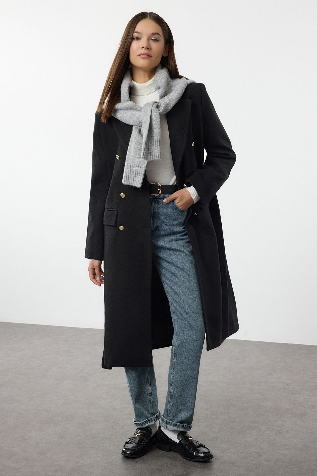 Trendyol Black Fitted Belted Gold Buttoned Long Wool Cashmere Coat