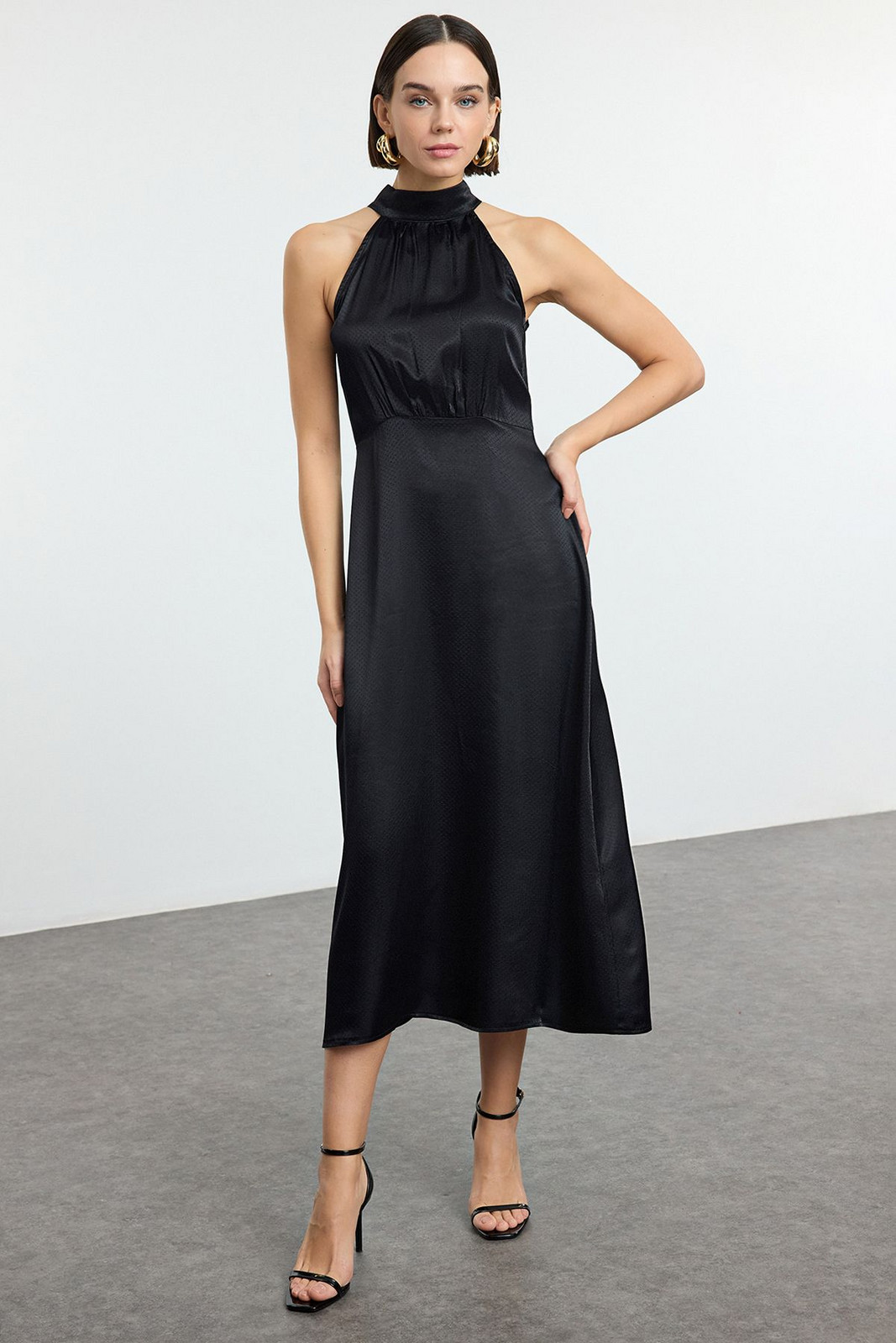 Trendyol Black More Sustainable A-Line Jacquard Satin Midi Woven Dress