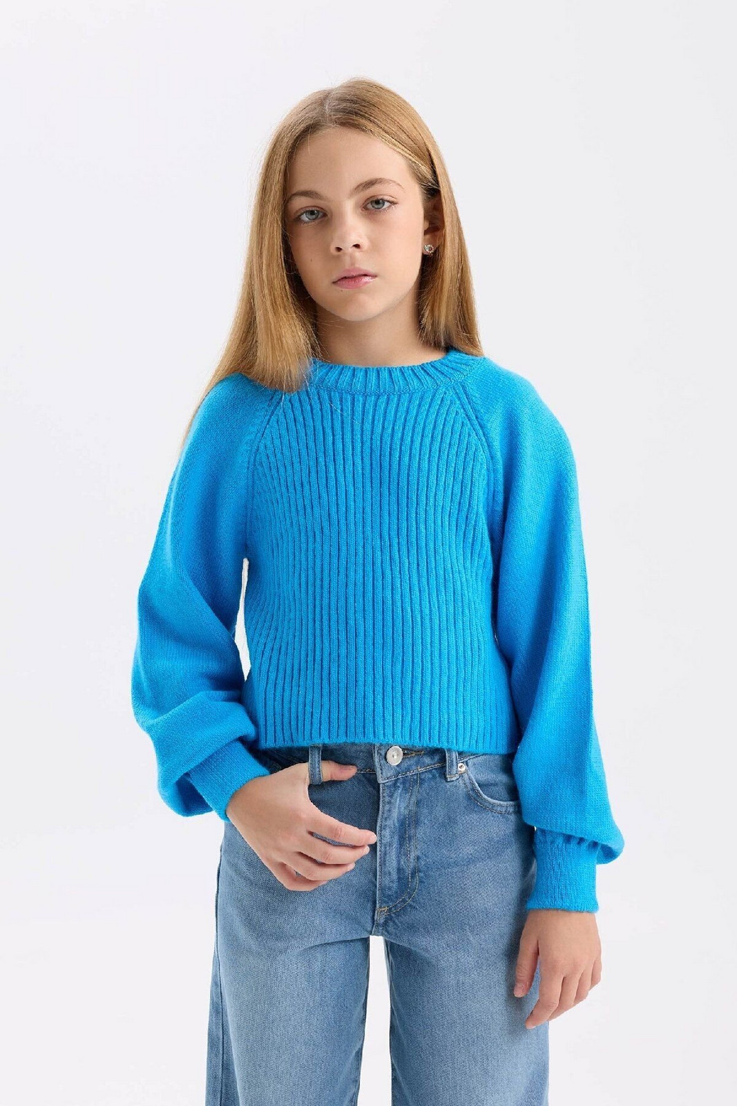 DEFACTO Girl Standard Fit Crew Neck Elastic Sleeve Knitted Sweater