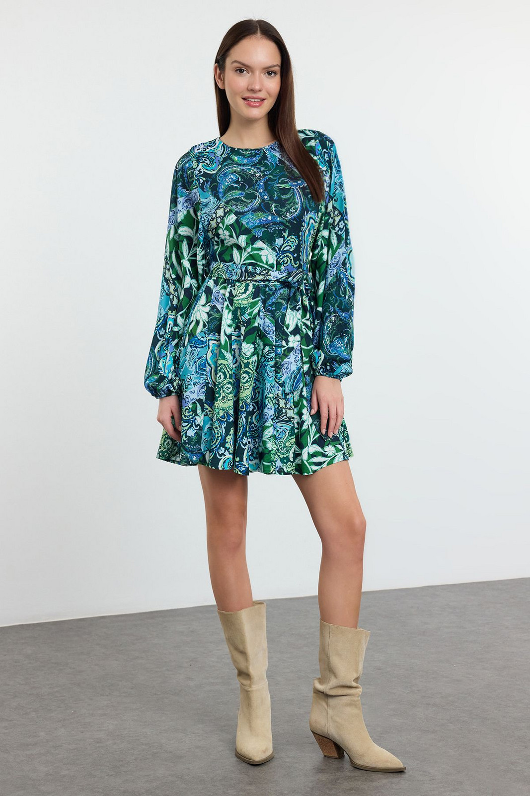 Trendyol Green Belted Floral Mini Woven Dress