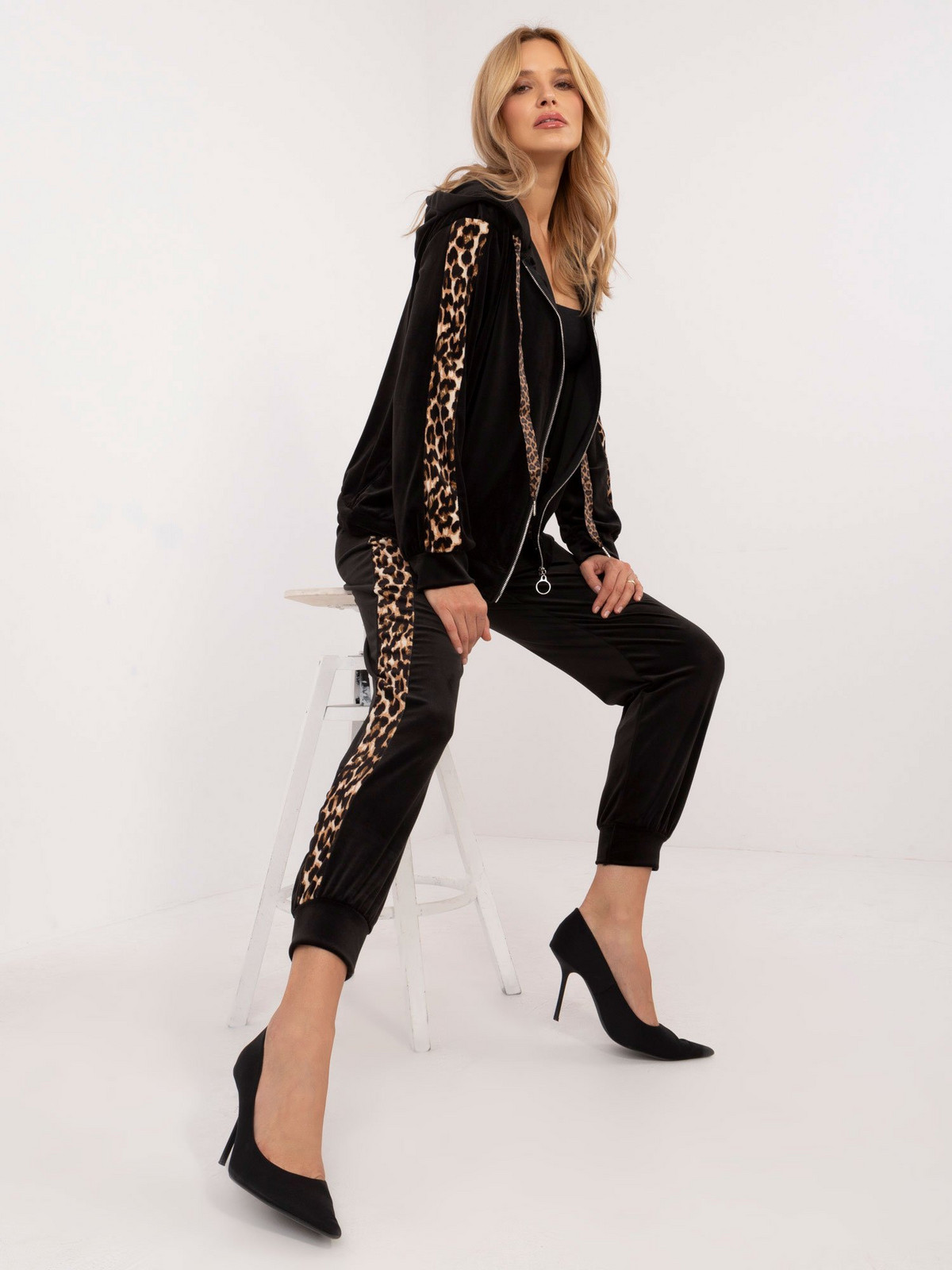 Black velvet women's set with stripe