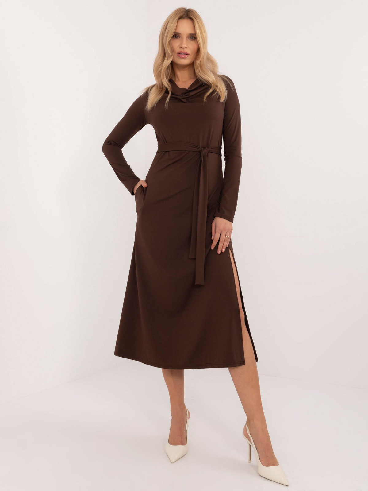 Dark brown viscose cocktail dress with belt