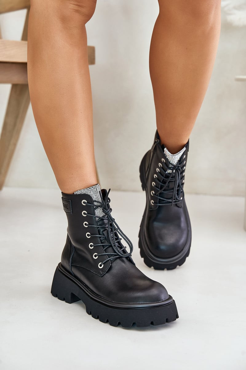Women's Insulated Leather Ankle Boots Workery with GOE Crystals Black
