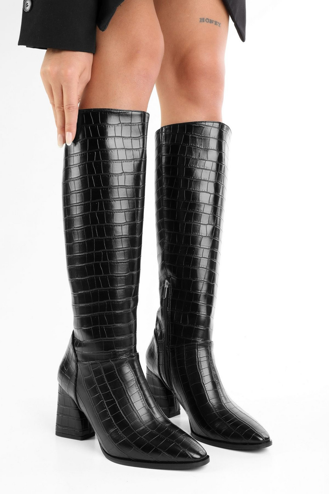 Shoeberry Women's Tiago Black Crocodile Boots