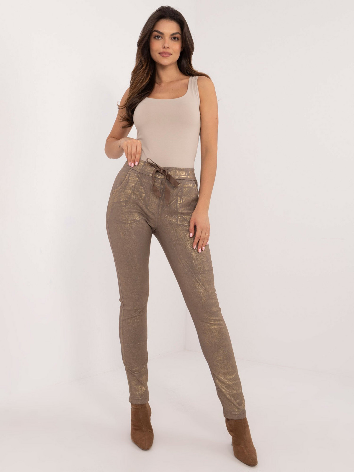 Dark beige shiny trousers with ties