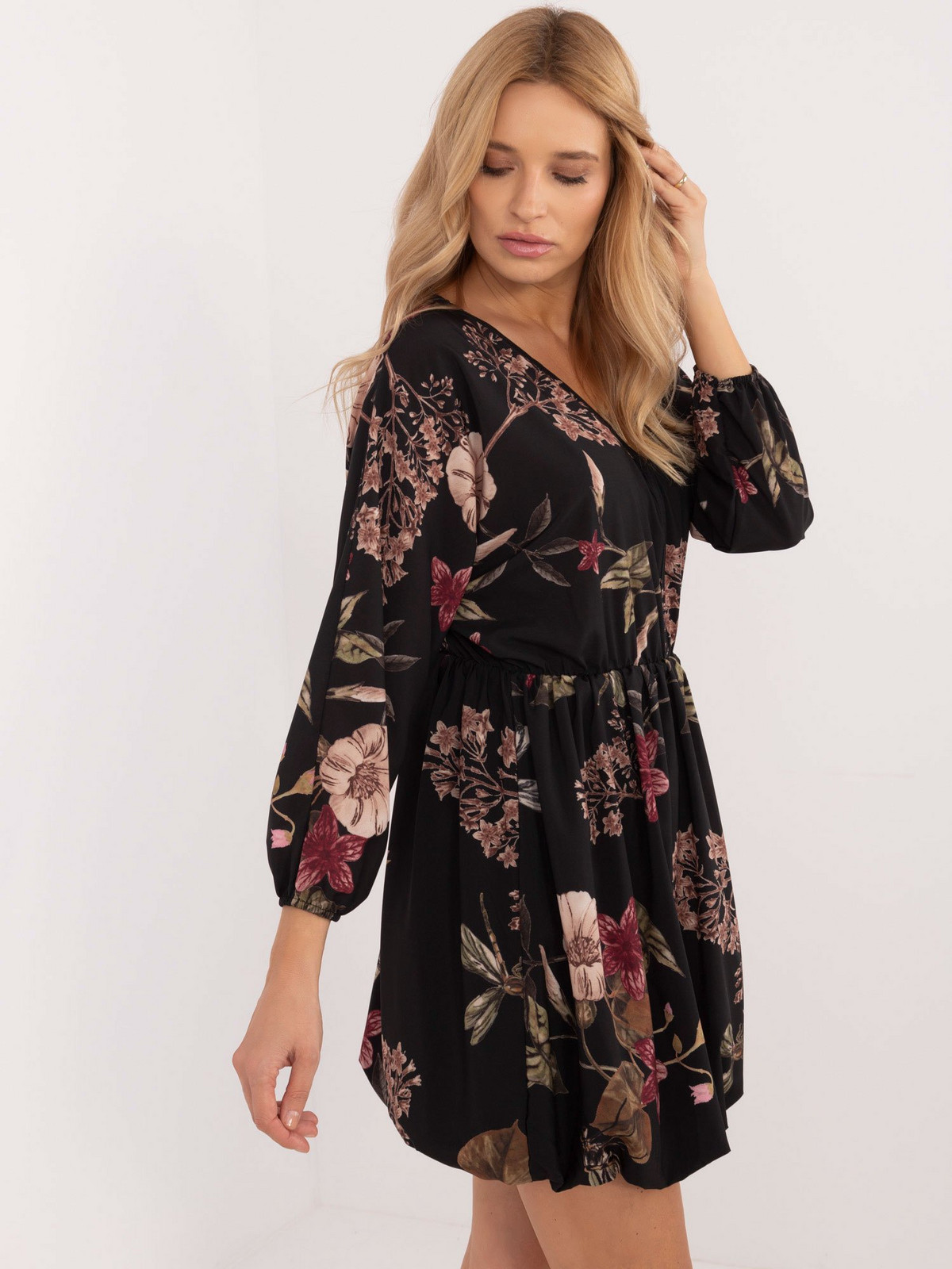 Black patterned mini dress with elastic waistband