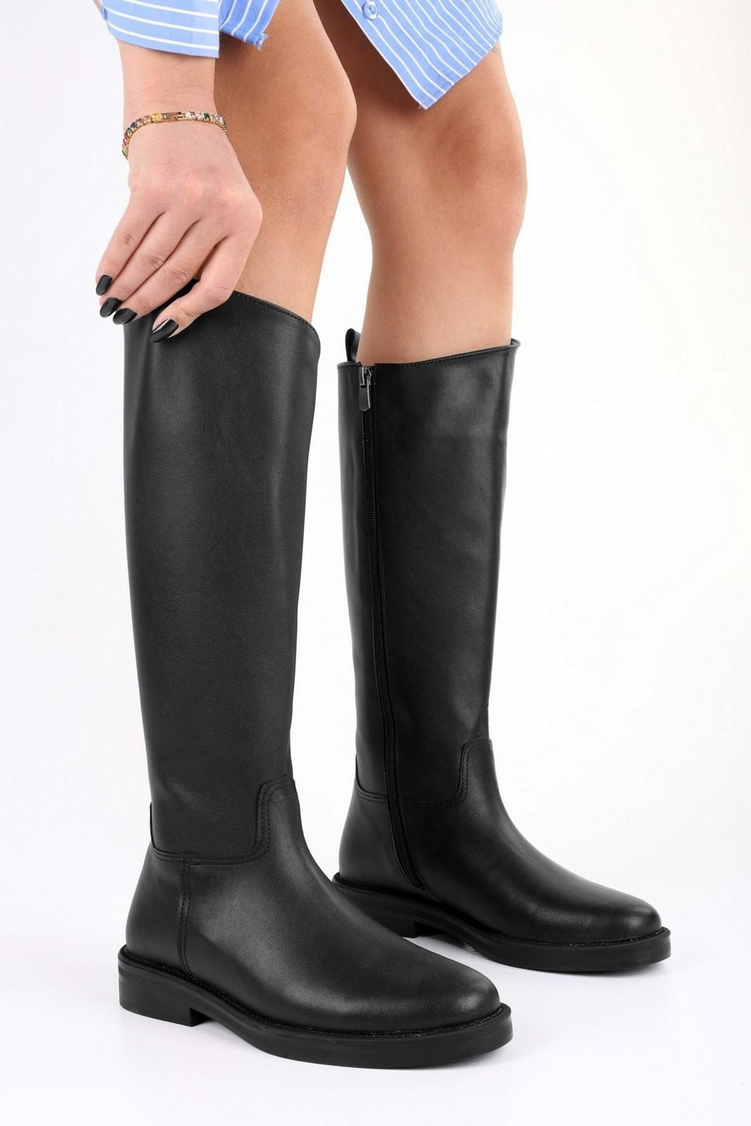Shoeberry Women's Topaz Black Leather Zipper Boots