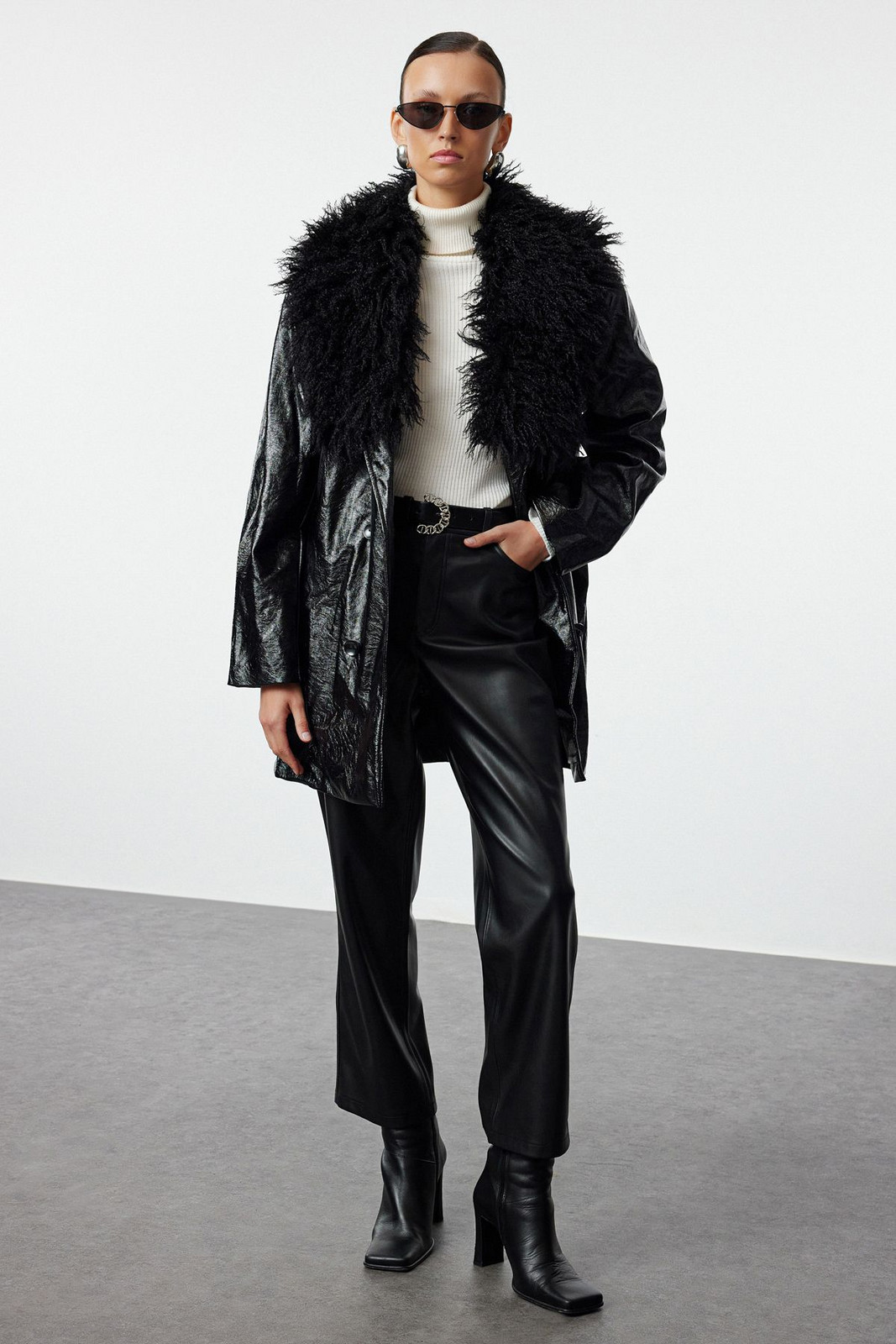 Trendyol Black Fur Detailed Faux Leather Jacket Coat