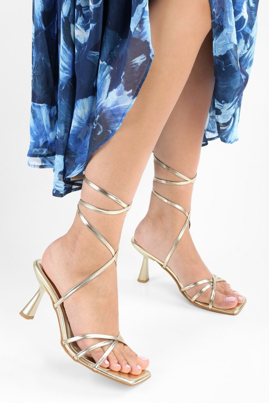 Shoeberry Women's Shiny Gold Shiny Ankle Strap Heeled Shoes