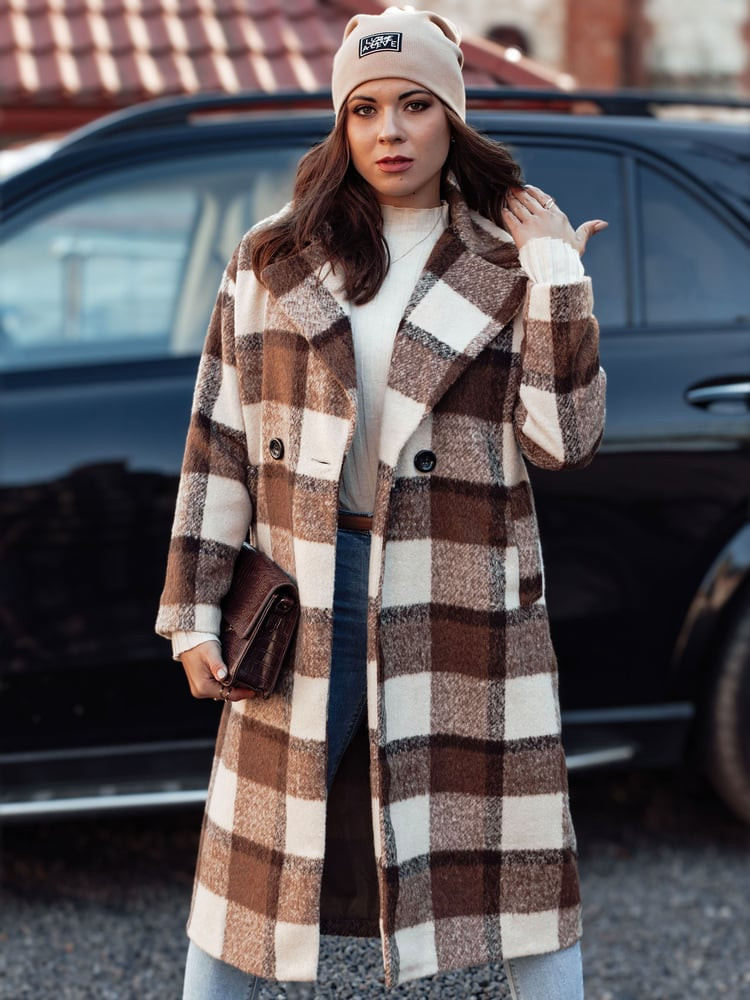 Płaszcz damski oversize MARIZZI długi w kratę beżowo-czekoladowy Dstreet