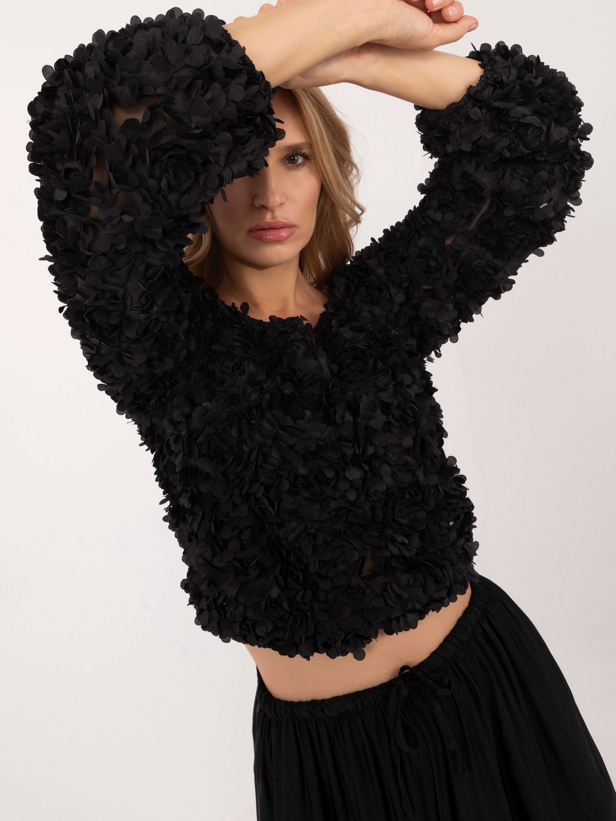 Black formal blouse with 3D floral appliqué