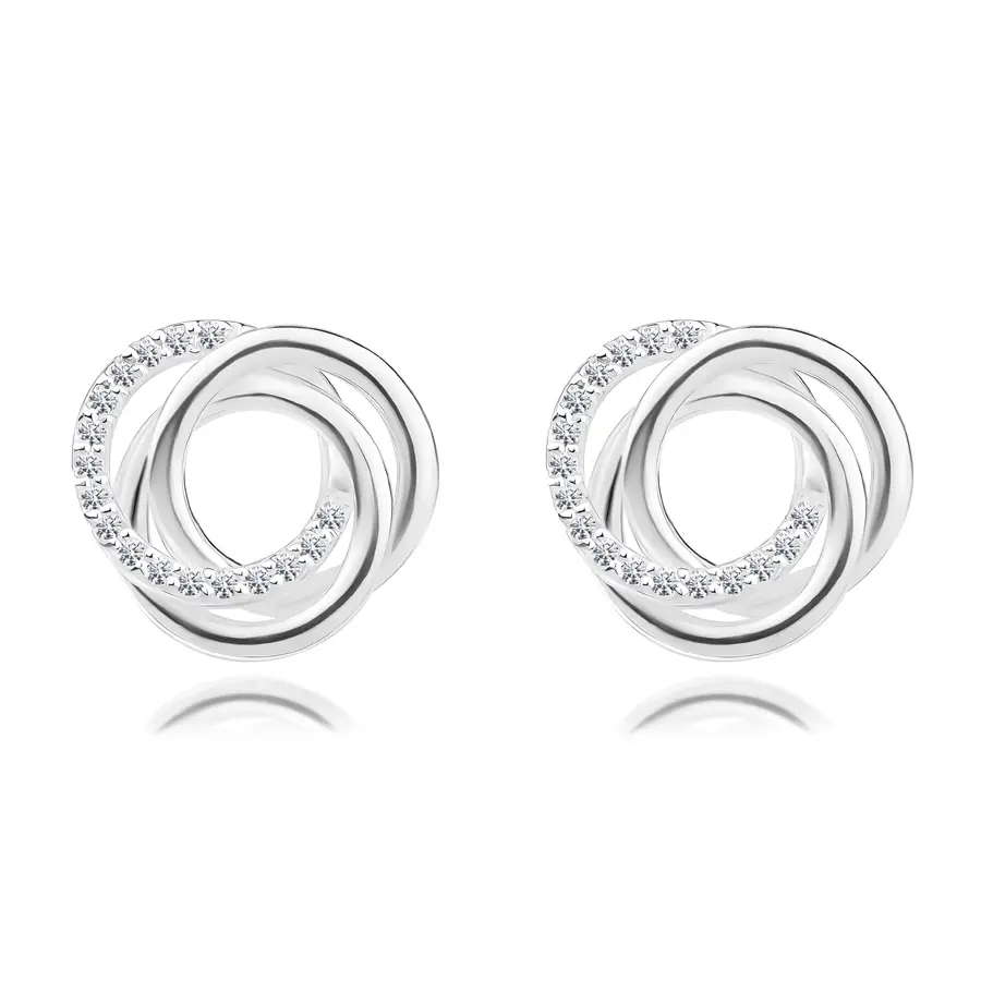 Náušnice v 925 striebre - uzol, spletené hladké a zirkónové obruče, puzetky