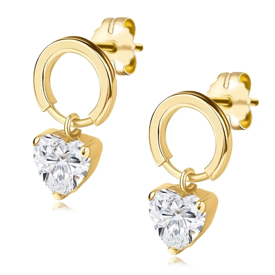 Puzetové náušnice v žltom zlate 585 - obrys kruhu, číre zikónové srdce
