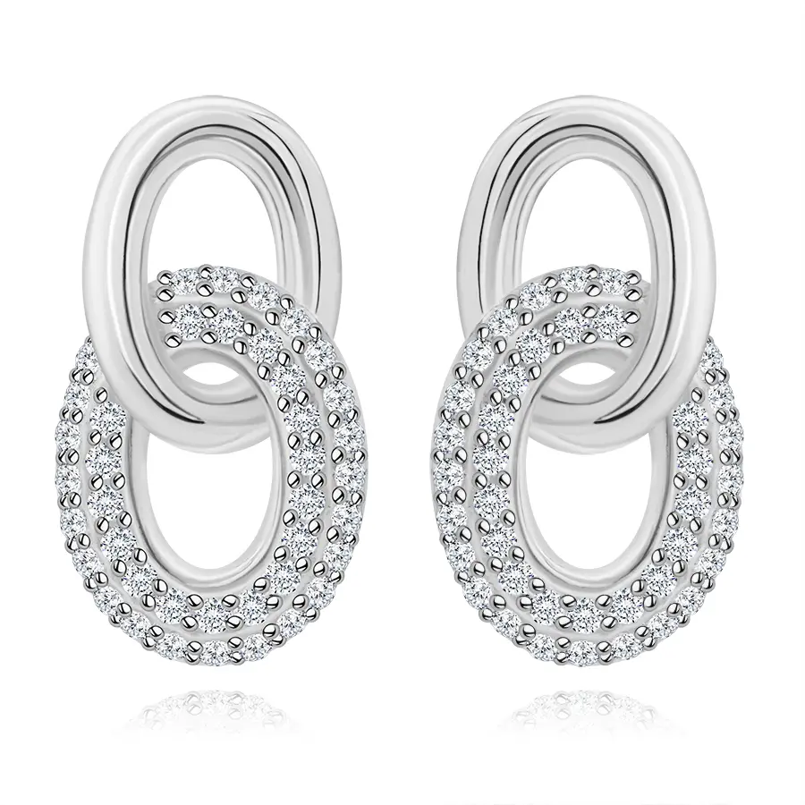 Strieborné 925 náušnice - pevne spojený hladký a zirkónový ovál, puzetky